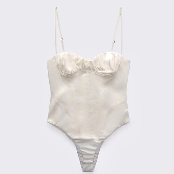 Zara NWOT linen blend ruched bust bustier top corset style ivory white bodysuit - Picture 6 of 7